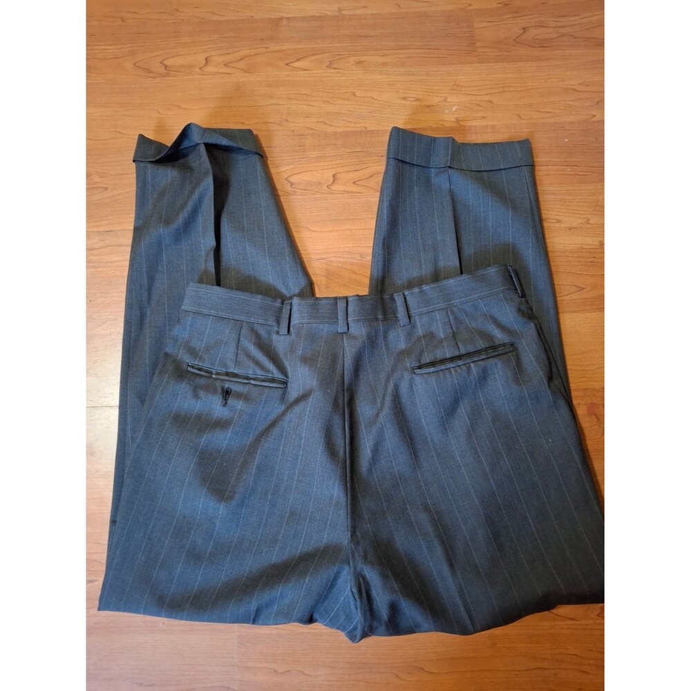 Gray Pinstripe Pleated Dress Pants Cuffed Hem Classic Trousers Person (Mis520) - Picture 2 of 2